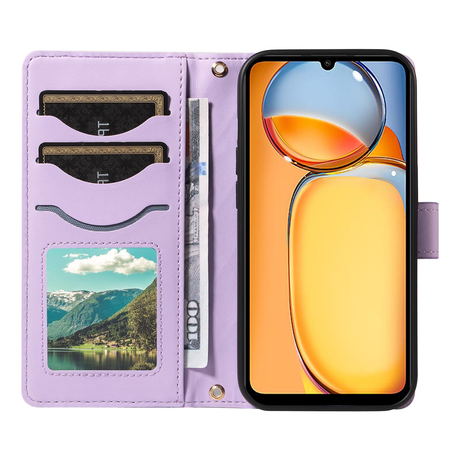 

For Xiaomi Redmi 13C 5G/13C 4G/13R 5G/Poco C65 4G/Poco M6 5G Case Wallet Rhombus Leather Phone Cover with Shoulder Strap,Wrist Strap Light Purple