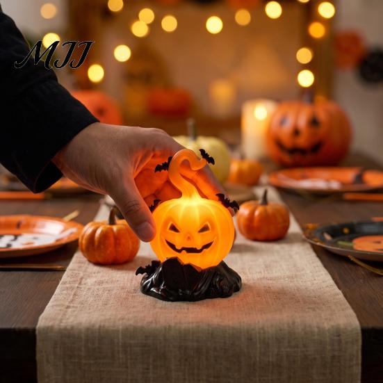 Warm Glow Decorative Lamps 2Pcs Halloween Pumpkin Night Light, Flameless LED Candle Lamp with Bat Small Plastic Figurine Lights Decor, Tabletop