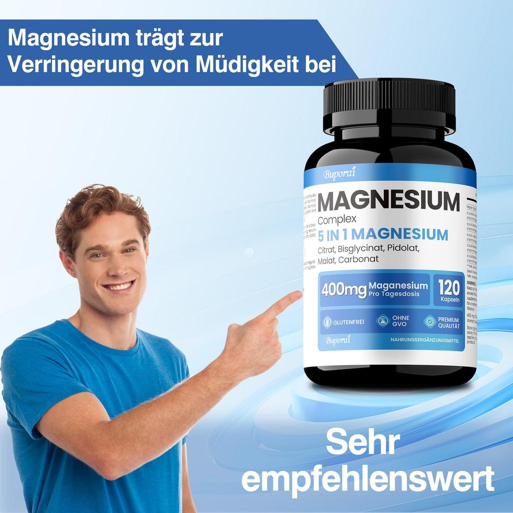 Magnesium 5 In 1 400mg, 5 Sources of Magnesium Glycinate, Citrate, Pidolate, Carbonate,Malate, Premium Quality Supplement Tablets, GMO Free