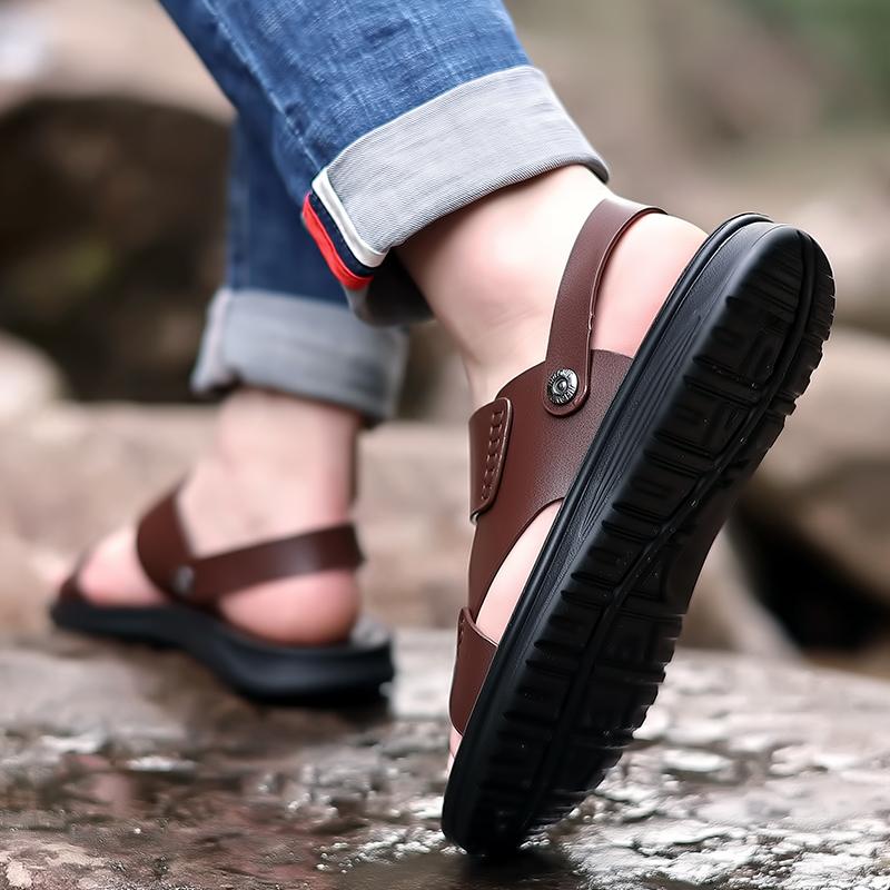 Men Brown Flats Slippers Summer Outdoor Wide Head Hiking Sandals Retro Black Leather Open Toe Beach Shoes Plus Size