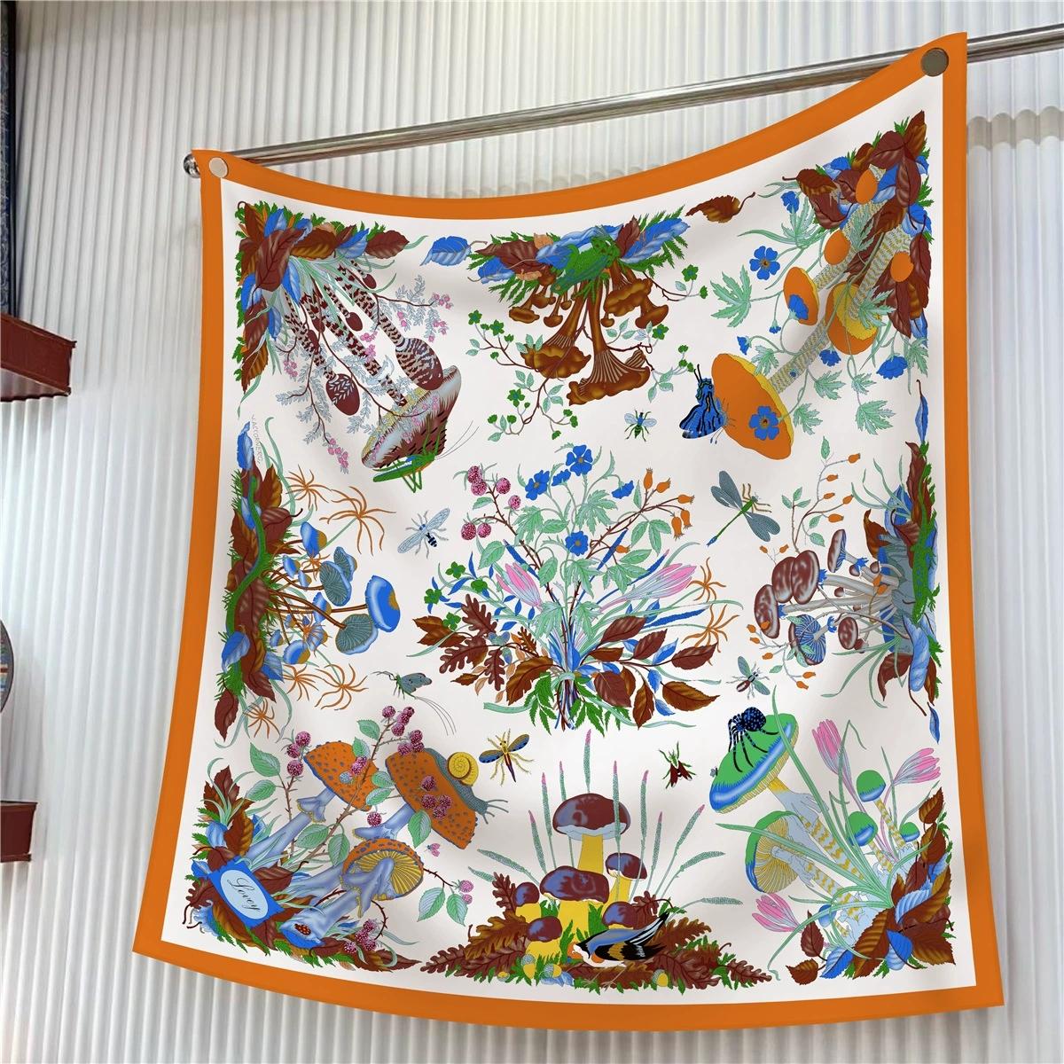 

90cm Autumn High-quality Twill Silk Floral Scarfs Ladies Sun Protection Square Shawl and Scarf 90x90cm