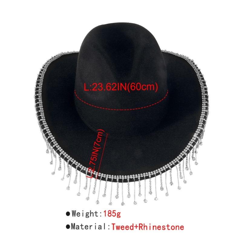 Trendy Cowboy Hat Denims Hat with Sparkling Rhinestones and Fringe Detail for Outdoor Activities Parties Halloween Hat