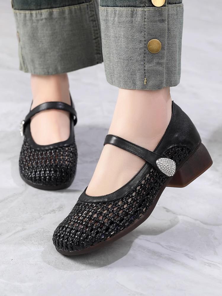 Fashion GKTINOO Genuine Leather Woven Thick Heels Women's Shoes 2025 Summer New Lace-up Soft Sole Casual Hollow Breathable Sandals