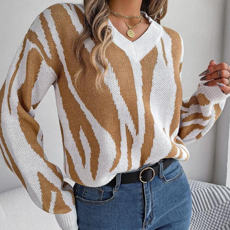 Color Print Loose Knitwear V Neck Cardigan Sweater Long Sleeve Vintage Autumn Winter Top