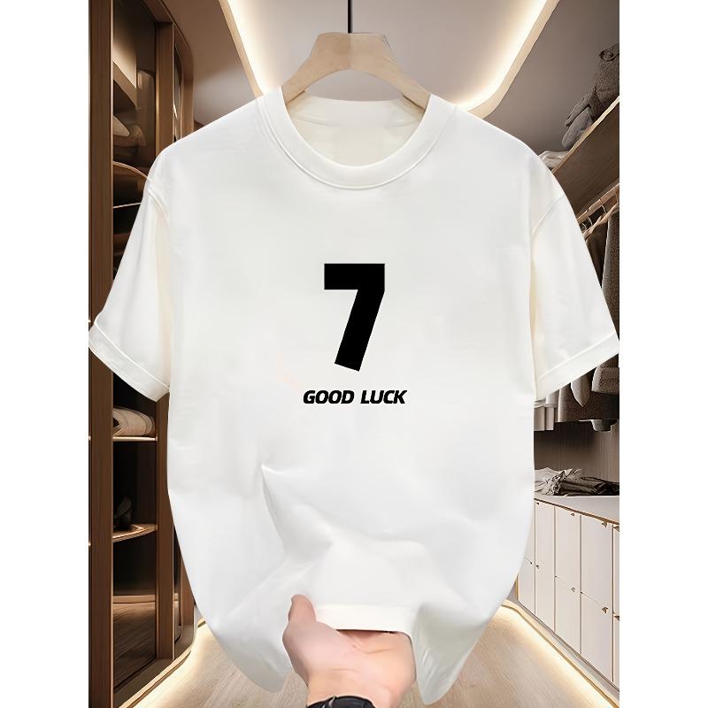 

European sizes Men S Round Neck T-Shirt Featuring a GOOD LUCK Print And a Number 7 Design, Stylish And Trendy, Perfect for Casual Travel Wear 4XL