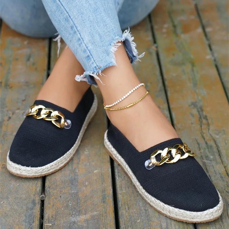 2024 Hot Fashion Spring and Autumn Solid Color Flat Heel Slip-on Women's Shoes Round Toe Shallow Mouth Slip-on Metal Decoration