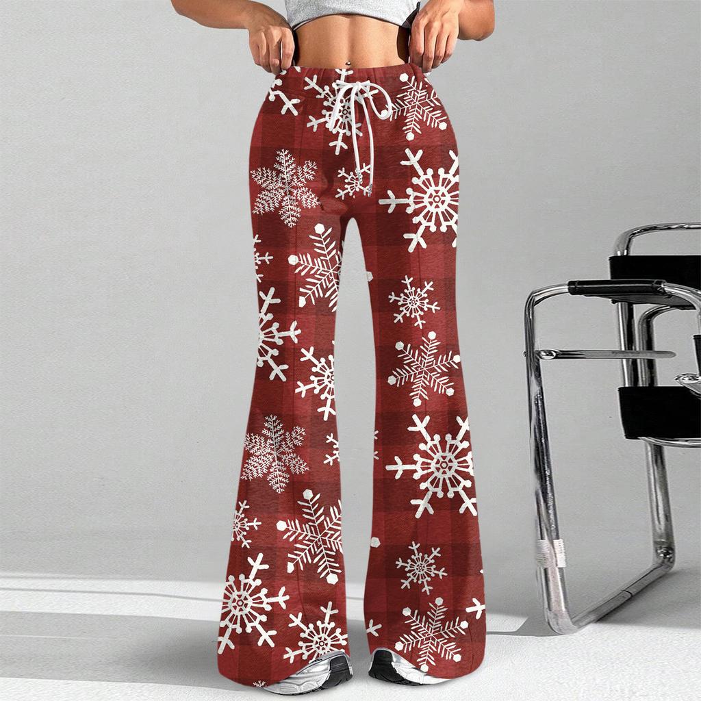 Women's Fashion Loose Drawstring Waist Christmas Printed Casual Sports Pants Casual Flared Pants