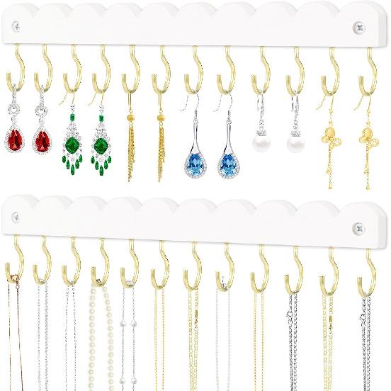 2 Pack Necklace Holder Organizer Wall Mount, Wooden Necklace Hanger Storage Hanging Jewelry Organizer with 12 Hooks for Necklaces, Bracelets, Rings