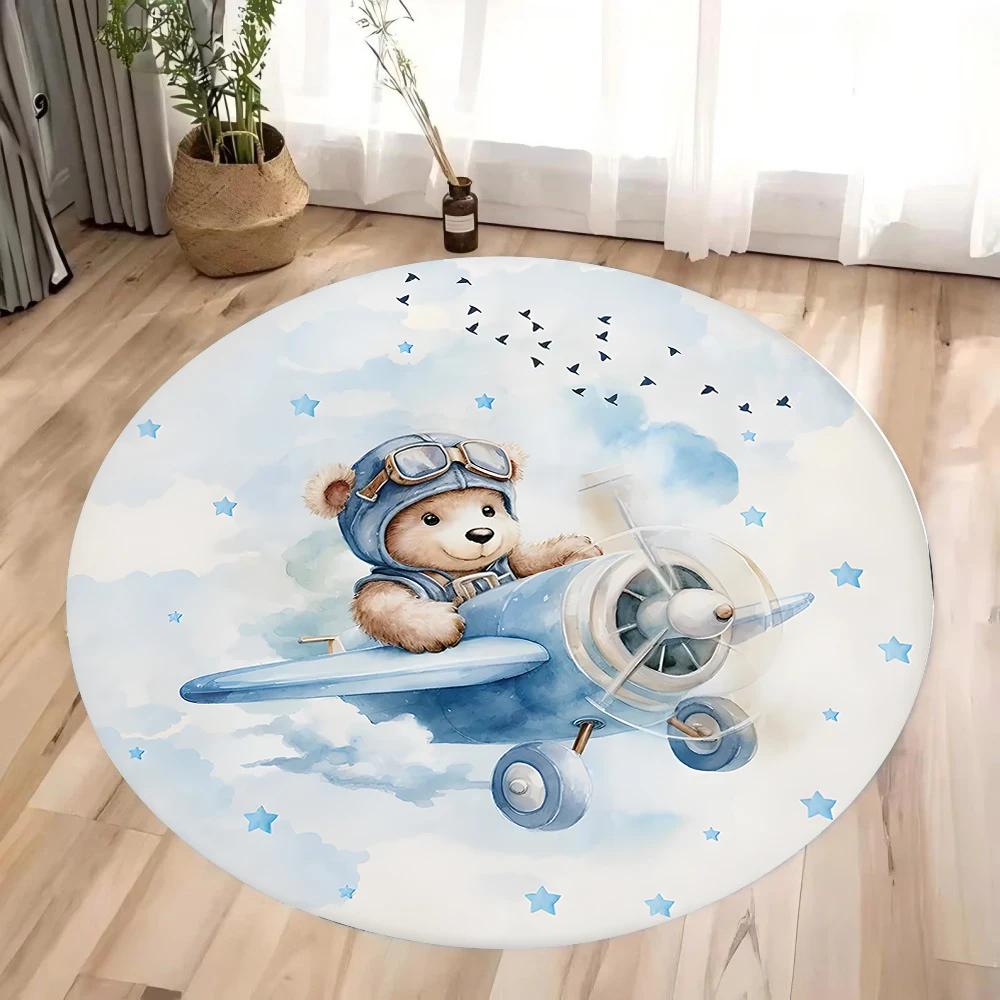Pilot Teddy Bear Scissors Round Carpet for Living Room Coffee Tables Bedroom Large Area Rug Home Decoration Anti-slip Floor Mat