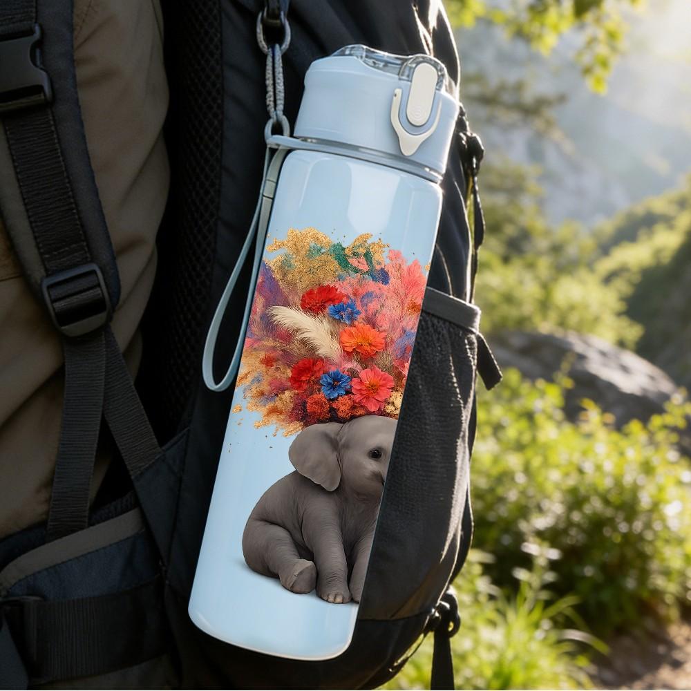 1PC Elephant Hold Colorful Flower Bouquet Print 750ml Color Plastic Sports Water Bottle Leakproof Flip Straw Lid Suitable for Sports Office Home Use
