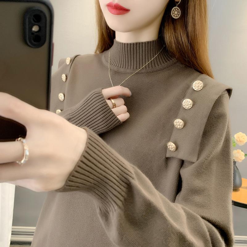 2024 Autumn and Winter New Button Sweater Tops Women's Pullover Half Turtleneck Sweater Thickened Bottoming Shirt Women