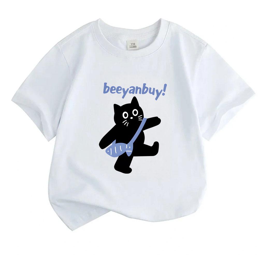Kids Boys Girls 100% Cotton Crew Neck Short Sleeve T-Shirt, Casual Cute Black Cat Carrying Fish Bag Printed Soft Comfortable Tee Top for Daily Outdoor