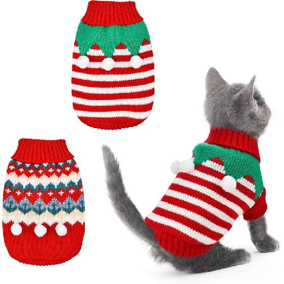 

2PCS Puppy Christmas Sweater Cat Turtleneck Knitwear Xmas Elf Outfits Dog Warm Clothes Sweater for Kitties Puppies S X-Small
