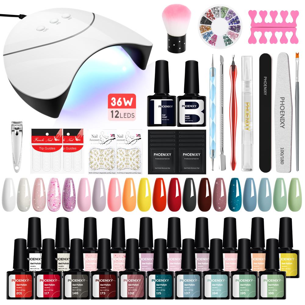 PHOENIXY 20pcs Gel Nail Polish Kit with UV Nail Lamp Top Base Coat Semi Permanent Varnish Manicure Set