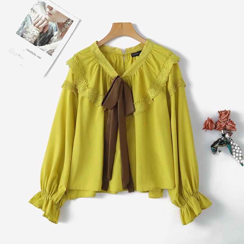 

ZANZEA Женская блузка с круглым вырезом и длинным рукавом, свободная, повседневная, в стиле пэчворк XL жёлтый