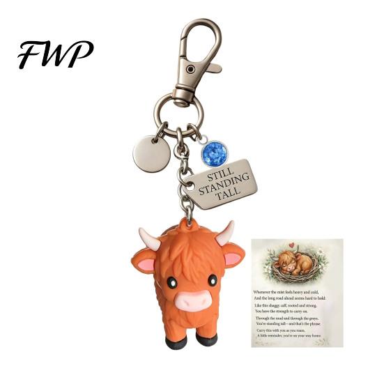 Metal Keychain A Little Highland Cow for You Keychain, 3D Resin Keyring with Birthstone Charm & Sentiment Card, Your Daily Reminder of Quiet Strength