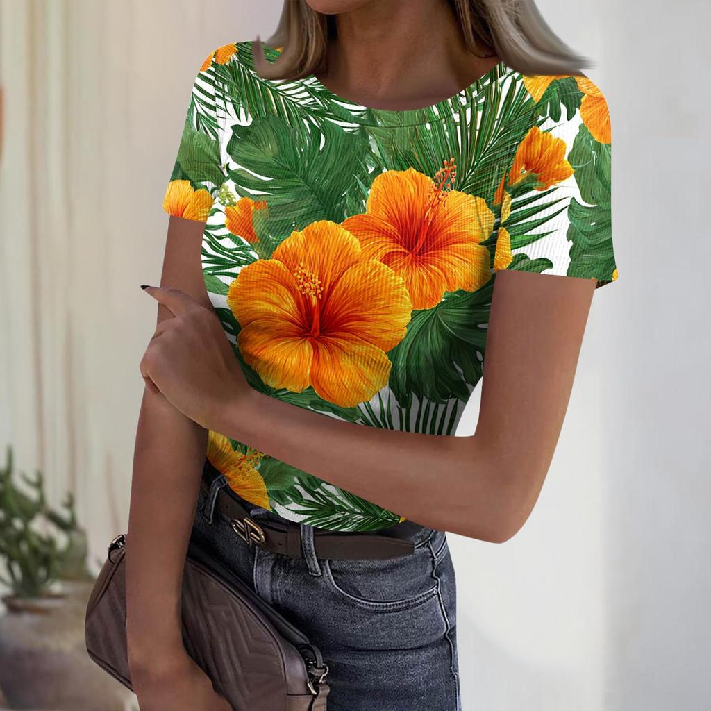 Women's Casual Fashion Round Neck Hawaiian Print Short Sleeve Ribbed Top