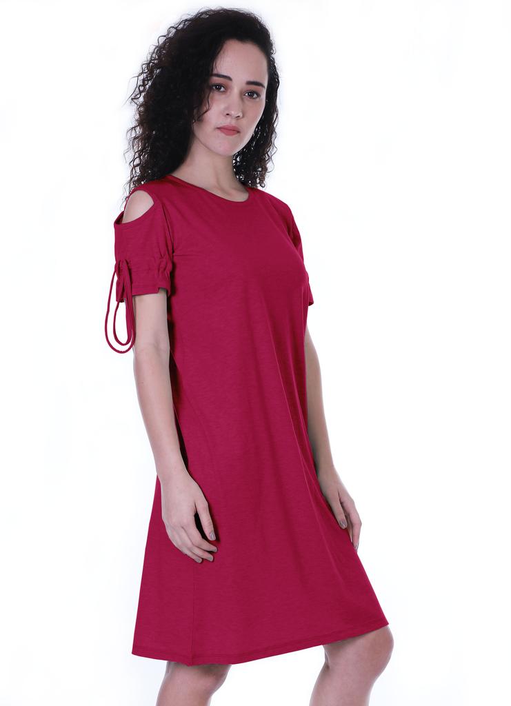 Moomaya Cold Shoulder T-shirt Dress Round Neck Casual Knee Length Summer Dresses For