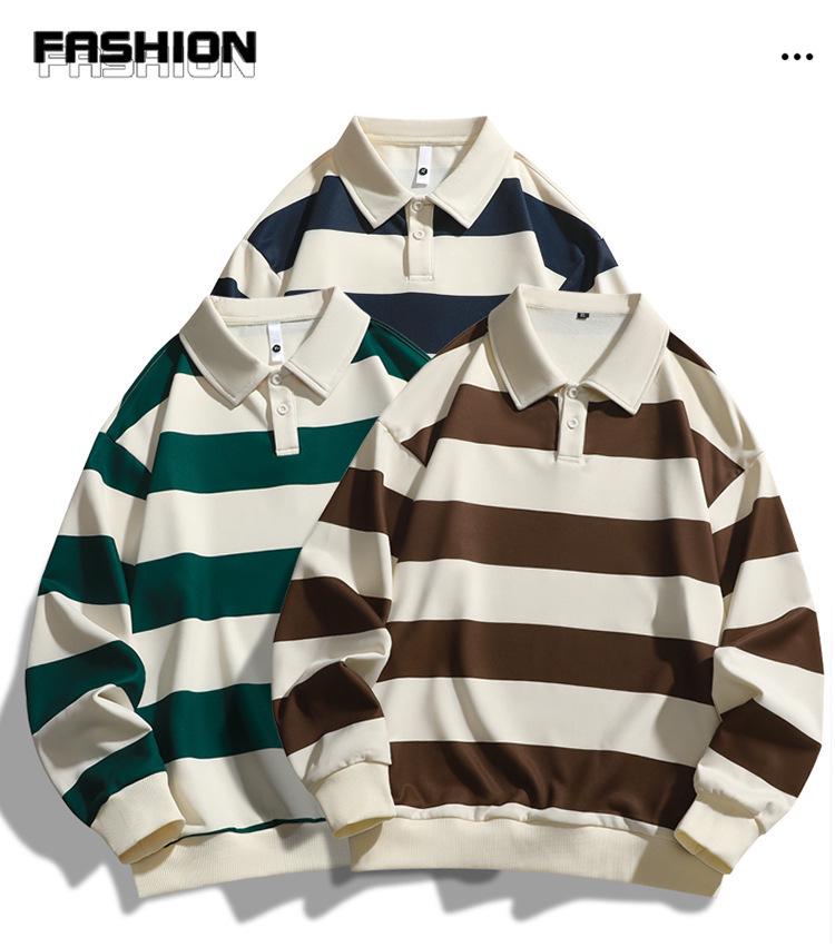 2025 Spring & Fall Trendy Loose Striped Double Pique Sweatshirt Unisex Hong Kong Style