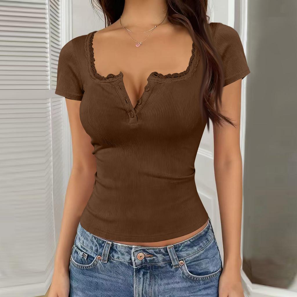 Women's Spring And Summer Lace Button V-neck Fashion Short Sleeve Top