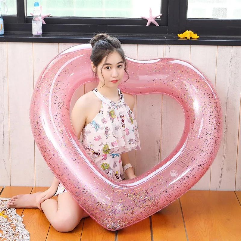 Large Heart Inflatable Toys Swimming Ring with Sequin Summer Pool Beach Party Photograph Inflatable Water Toys Circle