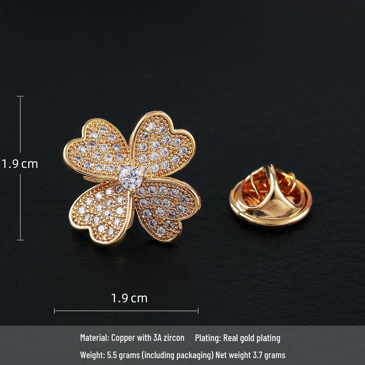 Gold-Plated Zircon Clover Brooch for Women - Elegant Corsage Pin - High-End Accessory