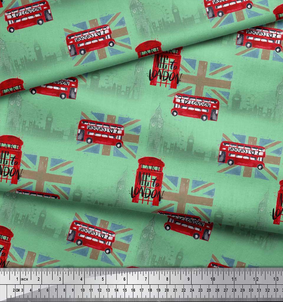 Soimoi Green Japan Crepe Satin Fabric London Theme Architectural Print Sewing Fabric Metre 42 Inch