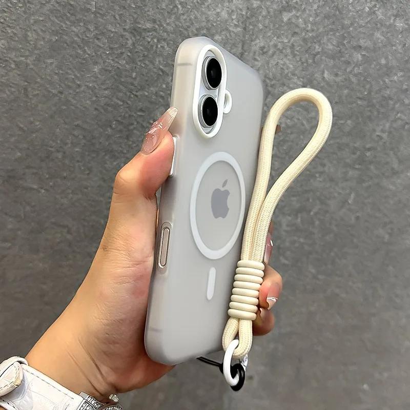 For Magsafe Candy Color Contrast Lanyard Case for iPhone 17 Air 16 15 Pro Max 14 Plus 13 Hand Wrist Strap Matte Soft TPU Cover