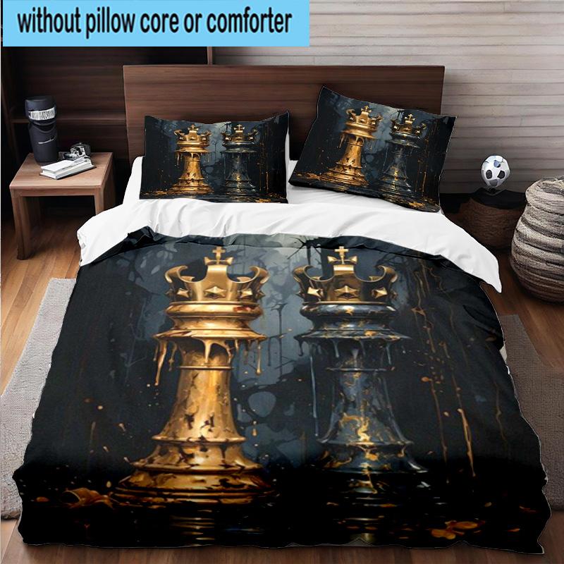 Golden Chess King On Black 3pcs Bedding,Including 1pc Duvet Cover And 2pcs Pillowcases Perfect for Christmas,Ideal for Bedroom, Dormitory