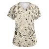 Women's V-Neck Short Sleeve Scrub Top with Pockets Botanical Print Caregiver Uniform