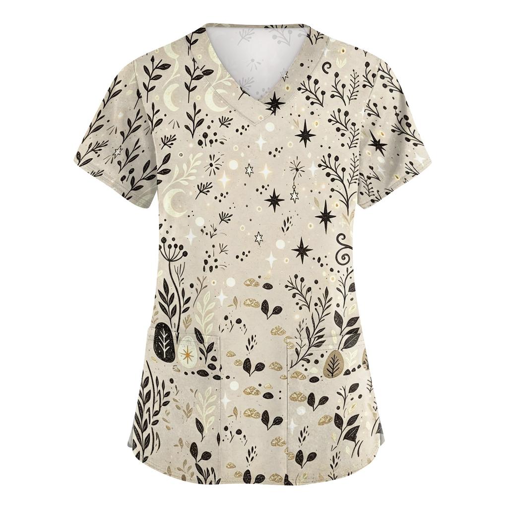 Women's V-Neck Short Sleeve Scrub Top with Pockets Botanical Print Caregiver Uniform