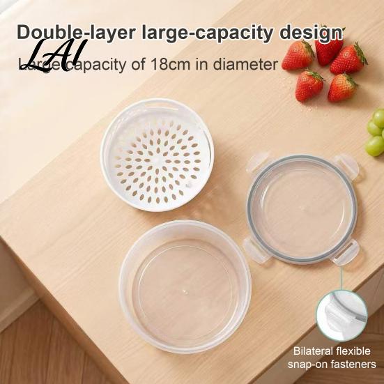 Stackable Vegetable Crisper Round Fruit Storage Container 2-Layer Food-Grade PP with Food-grade Plastic Drain Basket Leak-Proof Sealed Box