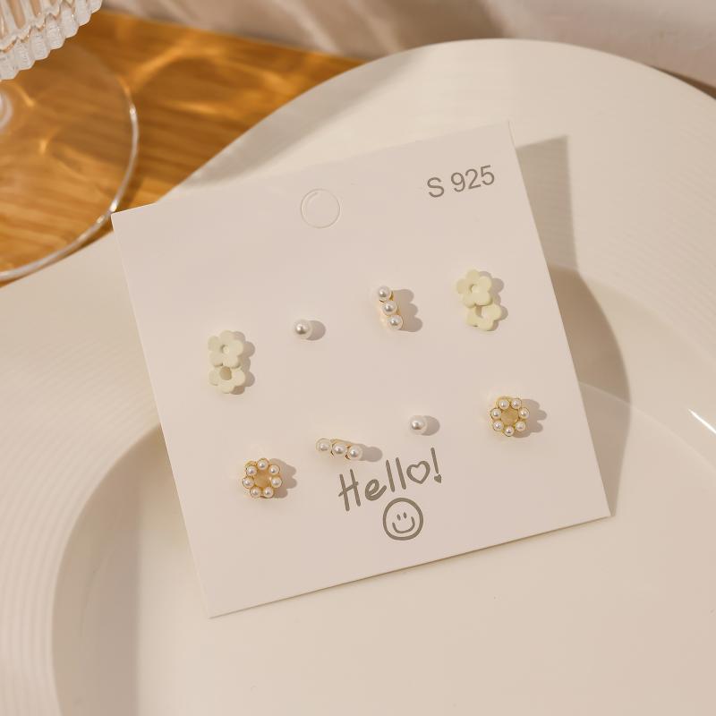 1Set Simple And Compact Silver Needle Earring Set Love Geometric Earring Combination Cute Sweet And Versatile Earrings