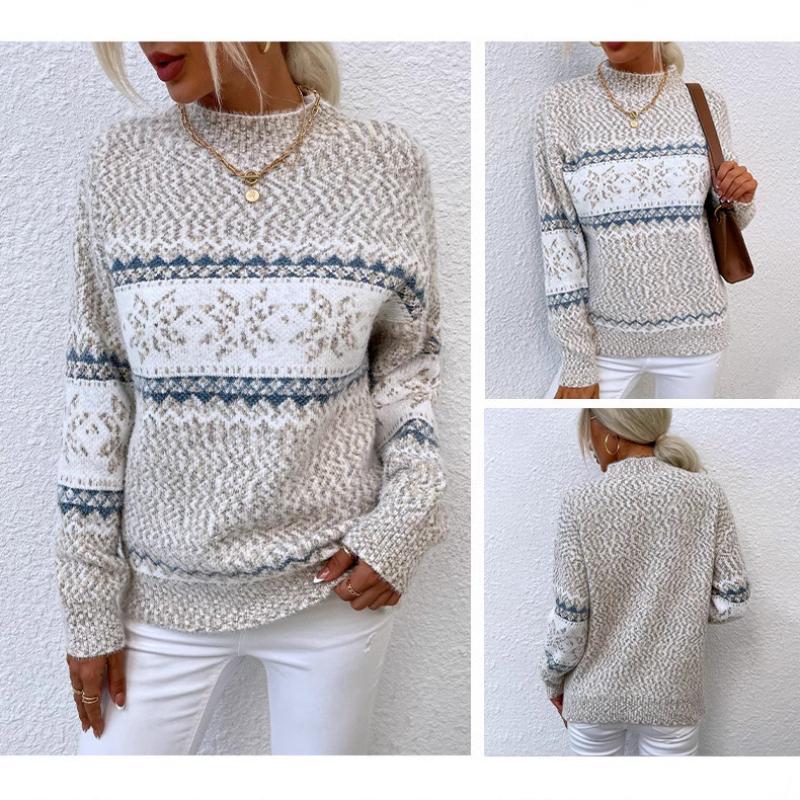 2024 Autumn and Winter Fashion Christmas Snowflake Pattern Semi-turtleneck Sweater Pullover Women's Clothing
