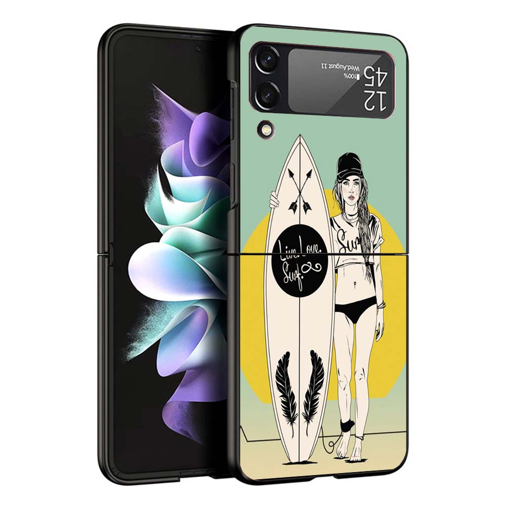 

Surfboard Surfing Art Surf Girl Summer Hard Black Cover for Samsung Galaxy Z Flip 7 6 5 4 3 5G Phone Case Flip7 Flip6 Flip5 Flip Samsung Z Flip