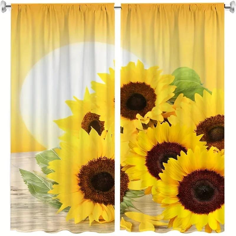 3D 2panels Black Sunflower Printed Curtain, Rod Pocket Curtain For Bedroom Office Kitchen Living Room Study Home Decor