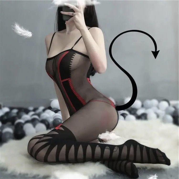 Nachtwäsche: Sexy Netz Damen Transparenter Bodystocking mit offenem Schritt Versuchungsset