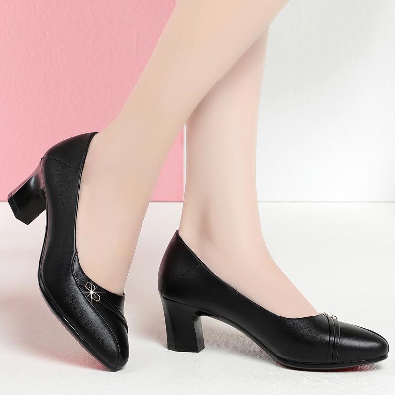 Women Fashion Comfort High Quality Black Soft Leather Spring Slip on Shallow Mouth Square Heel Cool Autumn Single Shoes