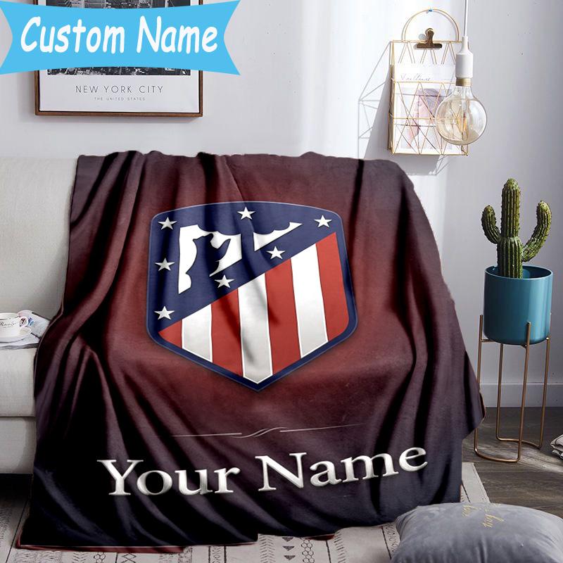 Custom Name Atletico Madrid Crest Flannel Blanket, Use for Birthday/Holiday Gift, Soft Blanket for Sofa/Bed/Camping/Office, Home Decor