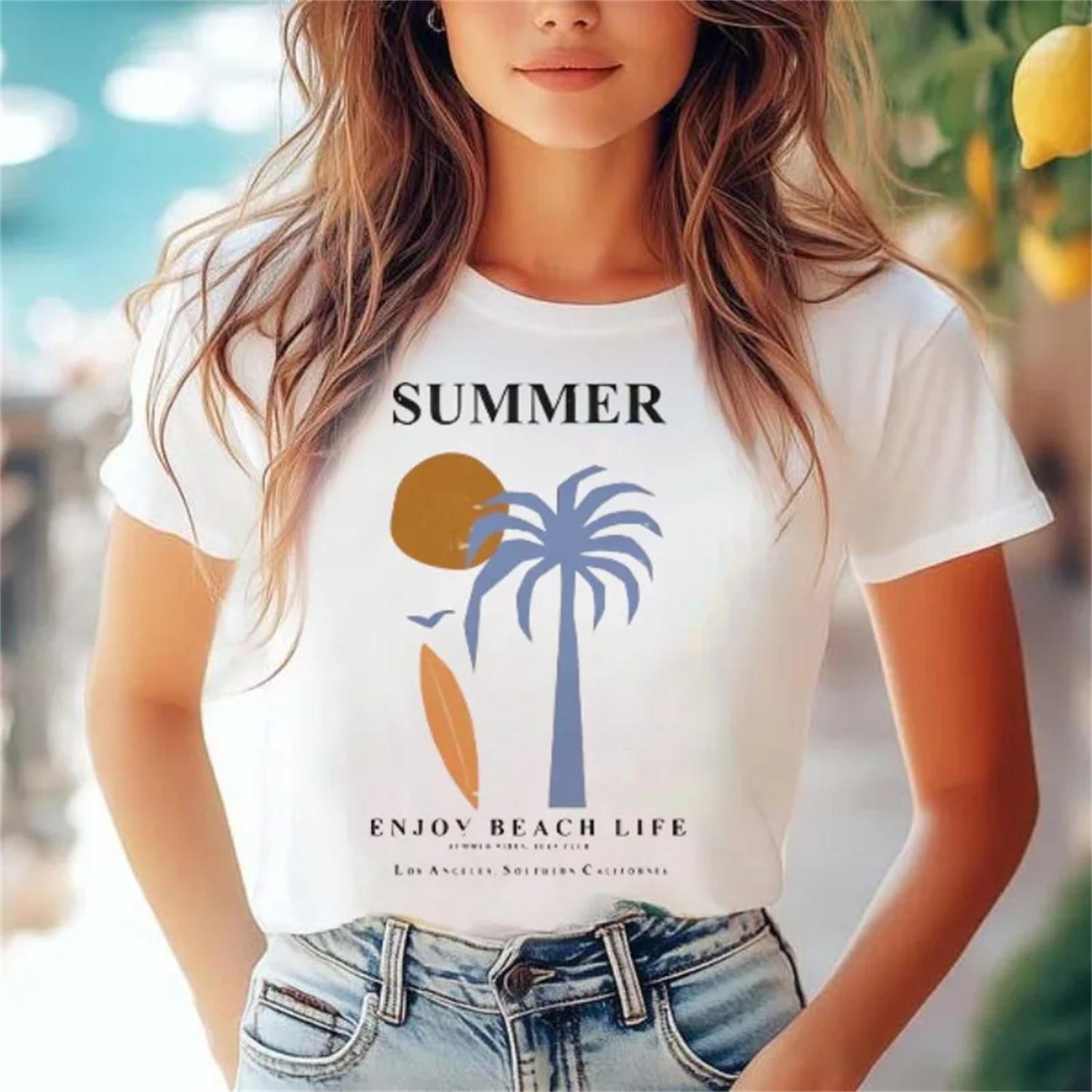 

Short Sleeved Surfing Club Women s Summer Beach Vacation Pattern T-Shirt Casual Versatile Clothing O-Neck Fashionable T-Shirt XXXXXL білий