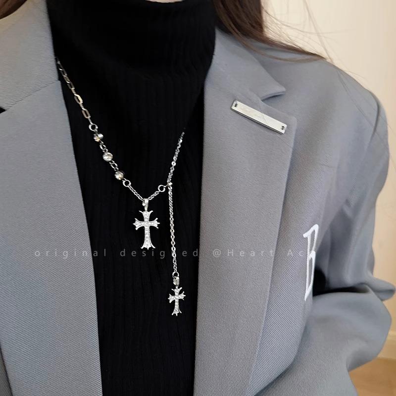 Pullable cross necklace trendy niche design hot girl sweet cool long sweater chain sparkling diamond collarbone chain