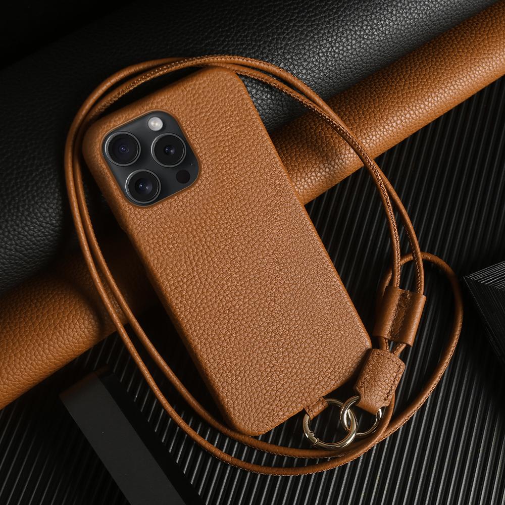 

For iPhone 14 Pro Case with Lanyard Genuine Cow Leather PC Phone Back Cover Brown