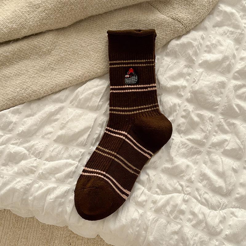 Women's Mid-calf Socks for Autumn and Winter, Warm Long Calf Socks, Retro Coffee-colored Long Socks with Stripes, Versatile and Casual for Women