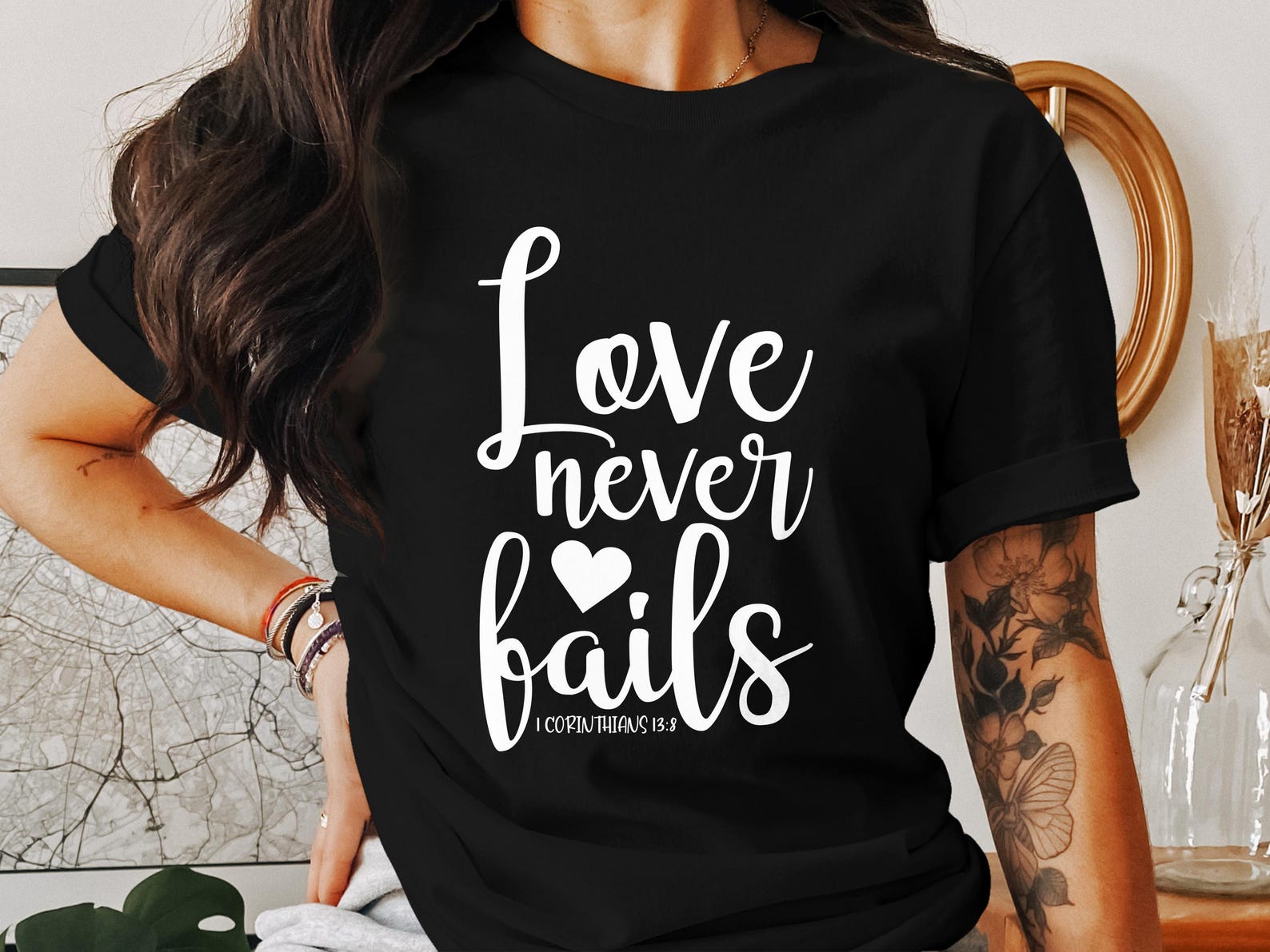 Love Never Fails T-Shirts, 1 Corinthians 13 8, Christian Tees, Religious Shirts, Faith Apparel, Bible Verse T-Shirts, Jesus 3XL