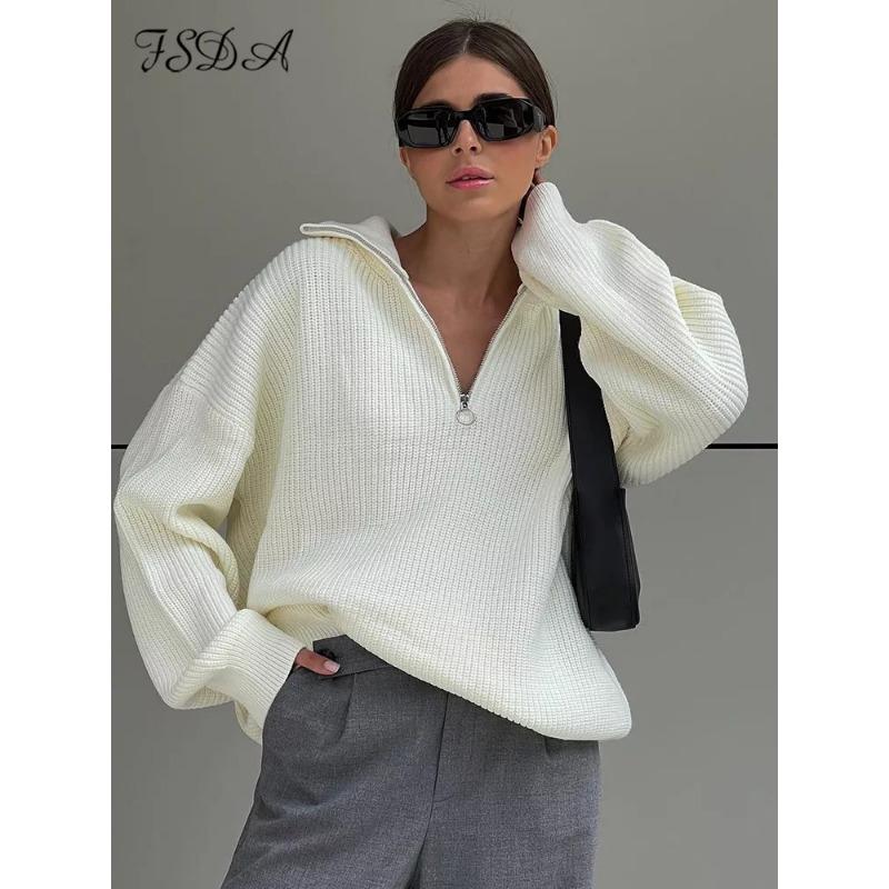 

Осенне-зимний женский свободный повседневный вязаный свитер с V-образным вырезом на молнии S белый