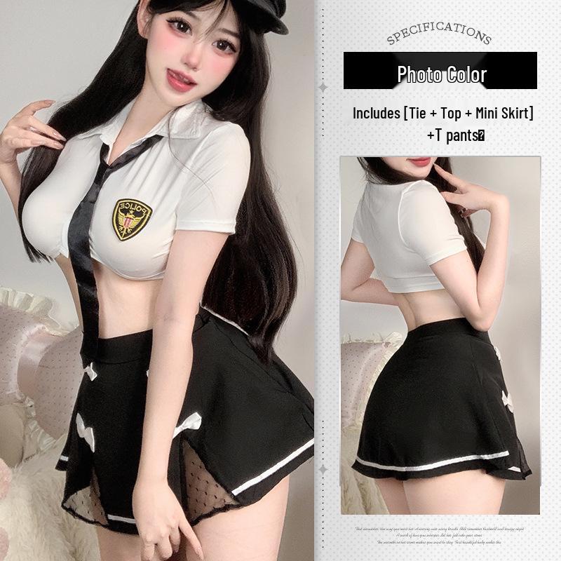 Sultry Low-Waisted Police Uniform Lingerie Set with Removable Mini Skirt