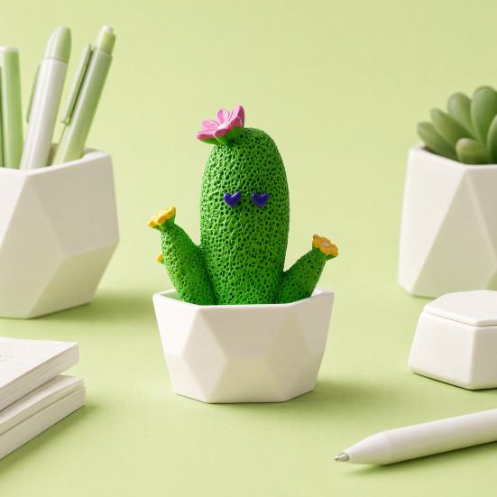 Mini Artificial Cactus Plants In Pots, Compact Faux Potted Cactus Ornaments, Resin Small Decorative Plant for Home Office Desk Tabletop Shelf Decor