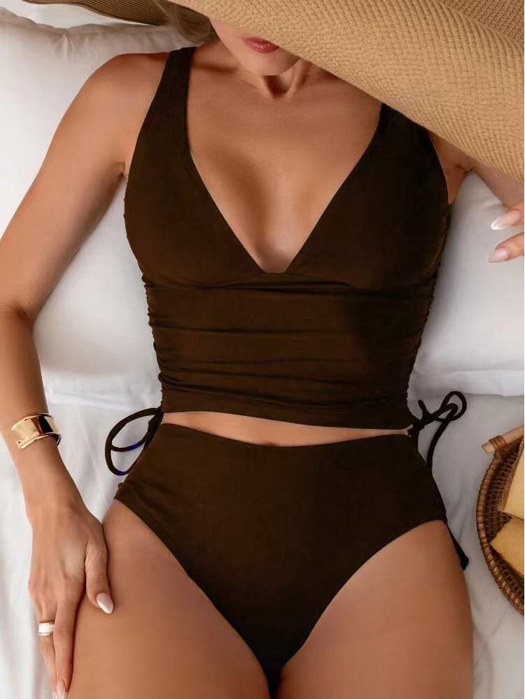 2026 European & American Solid Color Waist-Hugging Women's Two-Piece Bikini Swimsuit