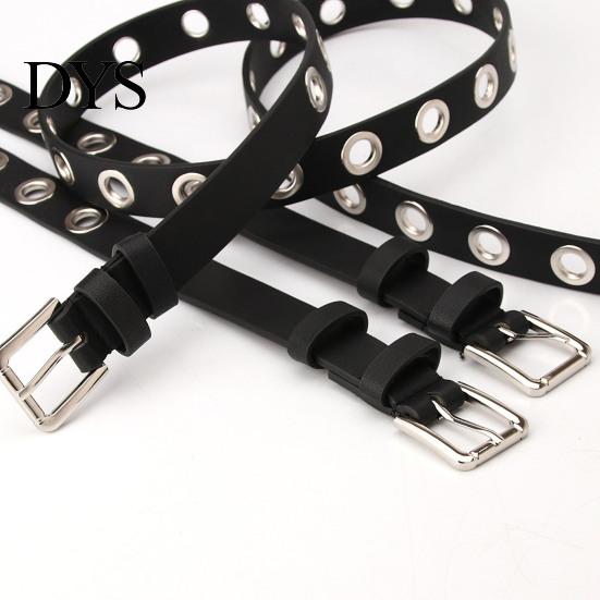 Durable Women Belt With Simple Design Thin Pants Metal Buckle Faux Leather Hollow Circle Waistband Adjustable Length Multi Holes Jeans