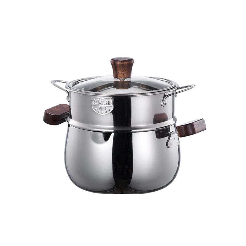 Premium 304 Stainless Steel Double Layer Steamer Pot with Wood Handle Suitable for Efficient and Even Cooking Experience